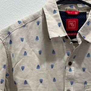 WLS Linen Cotton Cream Beige and Blue button down collared men’s shirt slim fit